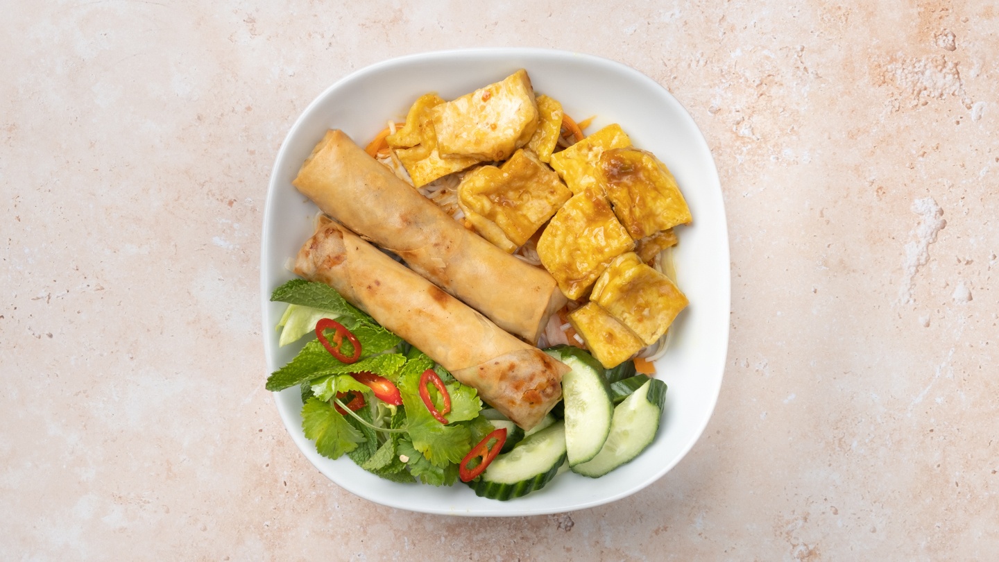 Vegetable Tofu and Spring Roll Rice Noodle Salad
